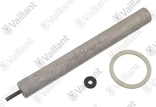 Vaillant Anode aus Metall, zylindrisch mit Gewinde, ergänzt durch zwei Dichtungen in Schwarz und Beige, in neutralem Hintergrund.